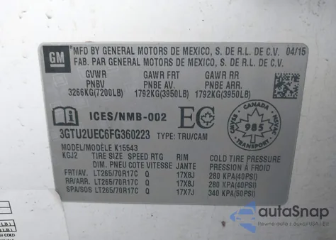 2015 GMC Sierra 1500 Sle z USA, uszkodzony, nr VIN 3GTU2UEC6FG360223